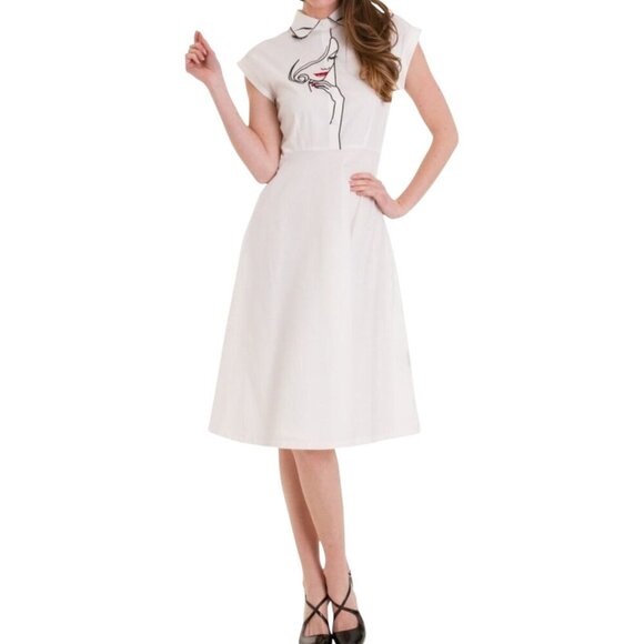 Banned Apparel White Fit & Flare Dress Embroidered Model Face 4XL New Rockabilly - Picture 11 of 12